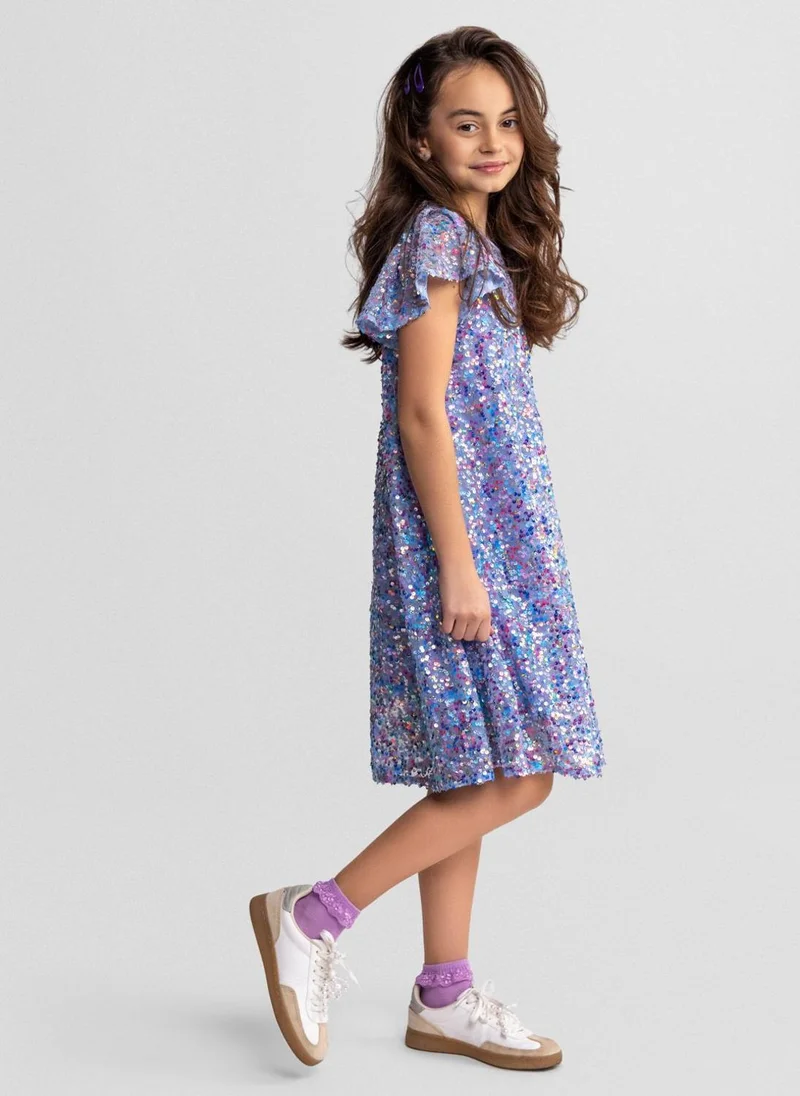 مينوتي Girls blue a-line sequin dress elegant short sleeves